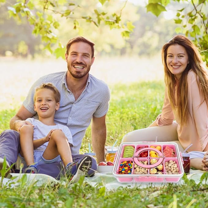 Divided Serving Tray with Lid and Handle,8 Compartments Snacks Box,Snack Fruit Tray,Veggie Tray,Portable Platter for Candy Fruits Nuts Snack Party Entertaining Picnic (2PCS Pink)