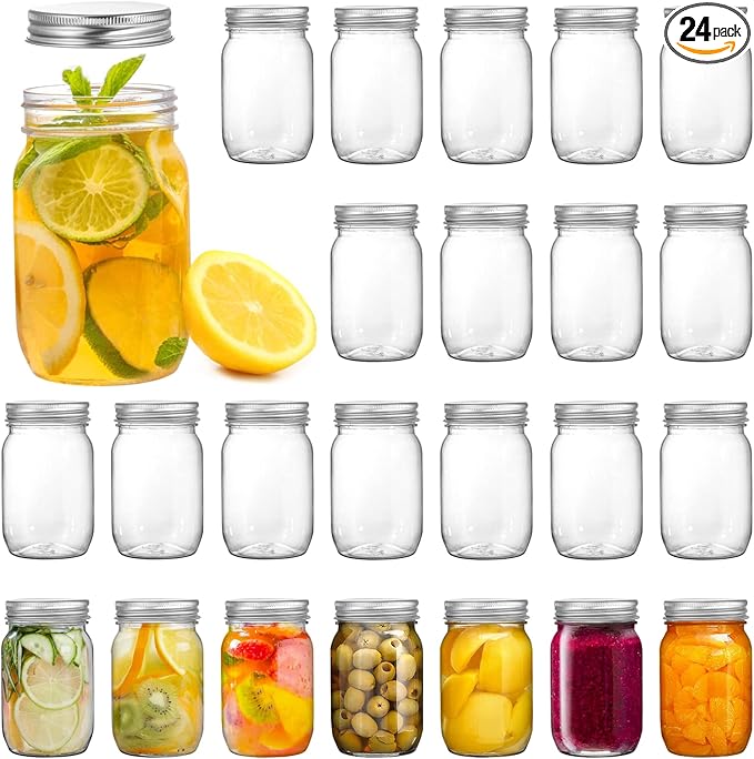 Tebery 24 Pack Clear Plastic Mason Jars with One Piece Lids, 8OZ Mason Cocktail Cup Shatterproof Drinking Jar, Refillable Empty Slime Storage Containers for Overnight Oats, Honey, Spices and Herbs