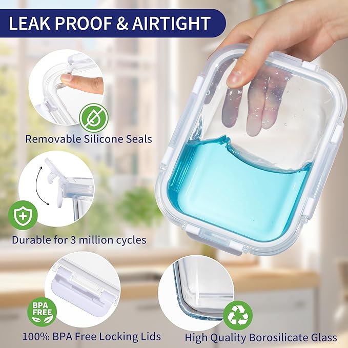 MFY 12-Pack Glass Storage Containers with Lids, Glass Meal Prep Containers Set, Airtight Lunch Containers with Lids, Microwave, Oven, Freezer and Dishwasher Safe, White