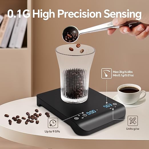 Mini Coffee Scale with Timer 3kg/0.1g, High Accurate Rechargeable Espresso Scale for Espresso, Pour-Over Coffee and Great French Press, with Automatic Timing