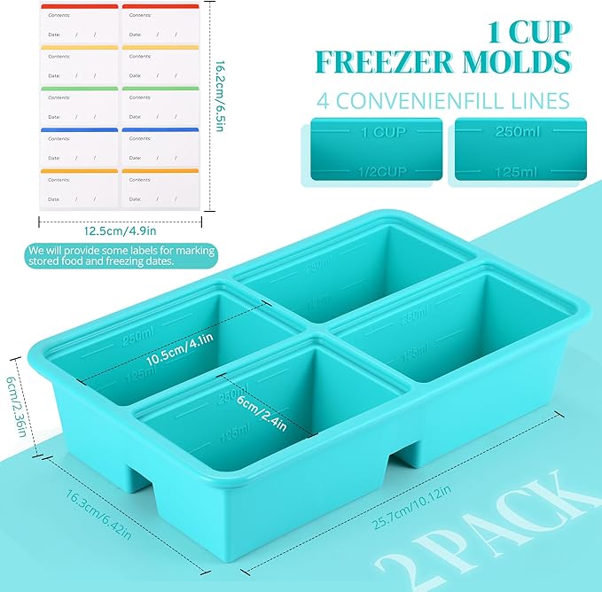Silicone Freezer Trays With Lid - Silicone Soup Freezer Molds, Soup Freezer Containers For Freezing & Storing Soup, Sauce, Broth, and Leftovers - 1 cup silicone freezer molds - 2 Pack