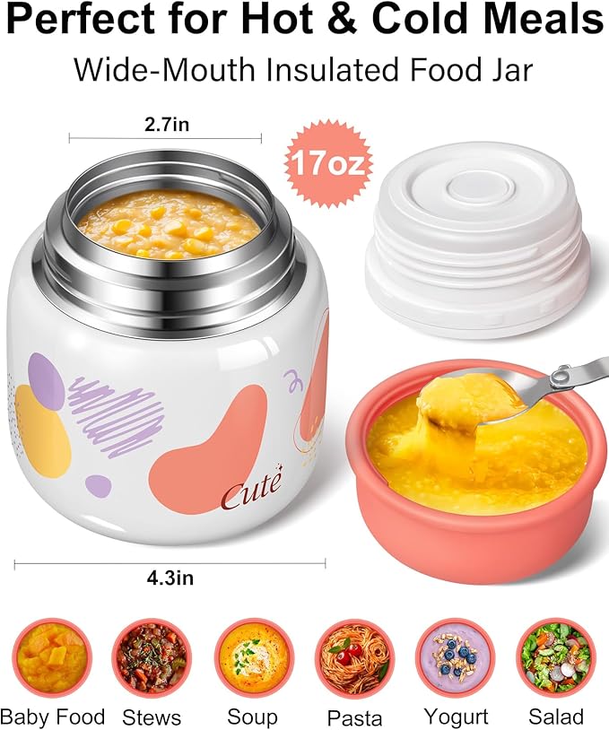 KTKUDY 17 oz Thermo for Hot Food - Stainless Steel Insulated Food Jar with Folding Spoon - Wide Mouth Soup Thermos for Kids & Adults - Thermal Lunch Container - Keeps Hot 12H / Cold 20H
