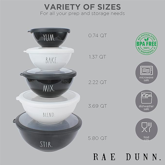 Rae Dunn Mixing Bowls with Lids - 10 Piece Plastic Nesting Bowls Set includes 5 Prep Bowls and 5 Lids (Black)