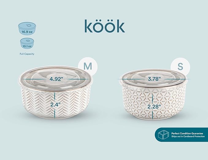 KooK Ceramic Nesting Bowls, with Lids, Serving, Set of 4, Embossed, Kitchen, Prep, Mix, Gift, Microwave and Dishwasher Safe, 10/16/29/47 oz, Narbonne Collection (Ivory)