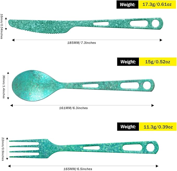 Titanium 3 Piece Cutlery Set, Extra Strong Ultra-Lightweight Durable Knife Fork & Spoon Tableware for Outdoor Camping & Hiking, Comes with Drawstring Bag & Titanium Carabiner-Green
