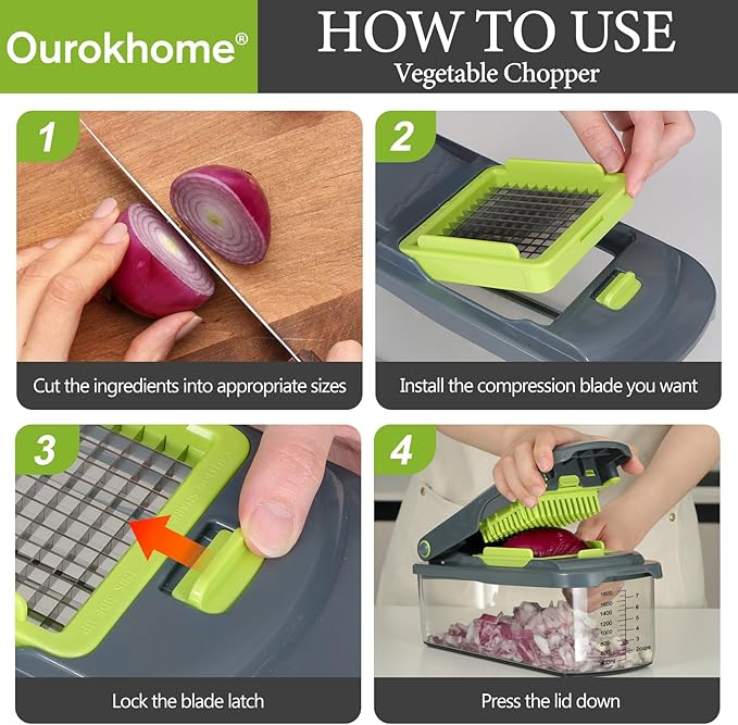 Ourokhome Veggie Chopper and Dicer with Container, Manual Hand Food Mandolin Slicer with 4 in 1 Handheld Vegetable Spiralizer for Zucchini, Potato, Onion, Essential Kitchen Gadgets (12 in 1, Gray)
