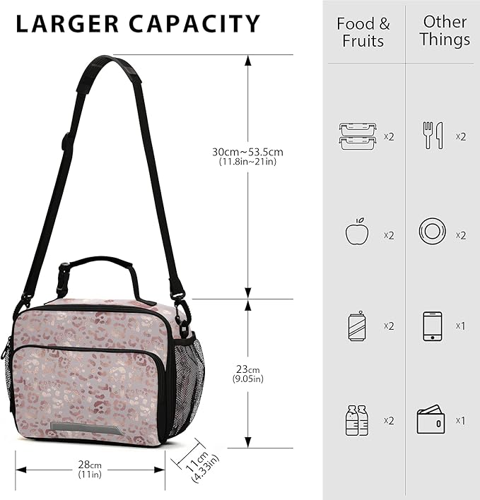 Pink Leopard Print Golden Cheetah Lunch Box for Girls Cute Lunch Bags for Women Cooler Bag Reusable Lunch Tote Bag Insulated Shoulder Bag for Work School Picnic