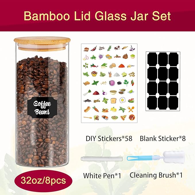 Glass Jars with Bamboo Lids for Kitchen, 32 oz 8 Pcs Airtight Pantry Storage Containers for Rice, Candy, Sugar, Flour, Nuts, Cookie, Coffee Bean