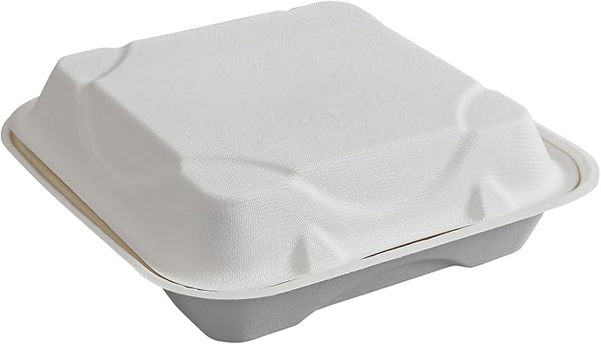 ECO PRODUCTS Compostable Vanguard 9" Clamshell To Go Containers, Case of 200, Square Take Out Food Box, White Renewable Molded Fiber, Grease Resistant, No-Added PFAS, ASTM Compliant, BPI-Certified