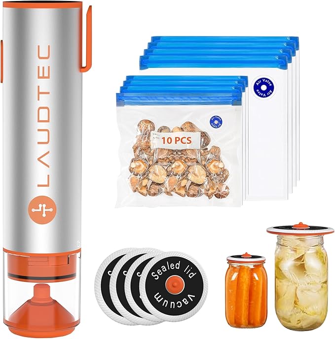 LAUDTEC 2-in-1 Handheld Vacuum Sealer for Food Storage Bags and Mason Jars (Vacuum Sealer + 10 Reusable Storage Bags + 4 Reusable Wide Mouth Jar Lids)