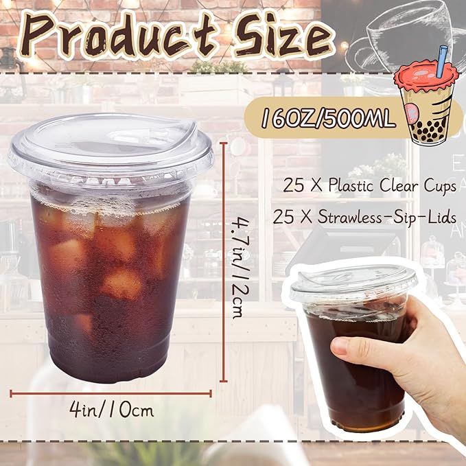 16 Oz Plastic Clear Cups with Strawless-Sip-Lids,25 Sets Plastic Cups with Sip Through Lids,Disposable Iced Coffee Cups for Milkshake,Smoothie,Cold Drinks