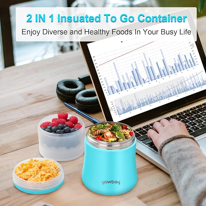 Thermos For Hot Food, 28OZ Soup Thermos For Adults, 2 In 1 Insulated Food Jar, Yogurt Container, Snack Cereal To Go Container, Leakproof Stainless Steel Vacuum Lunch Thermal With Spoon (Blue)