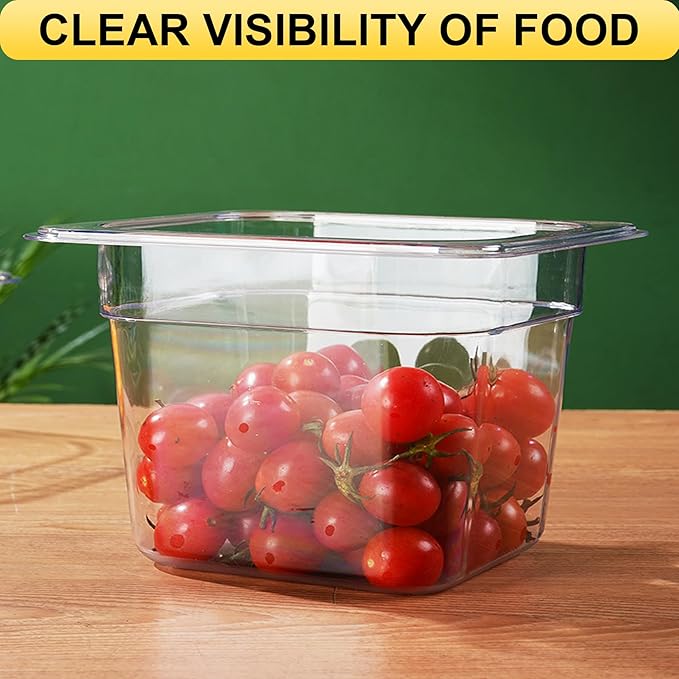 Plastic Food Pan - 1/9 Size 4 Inch Deep Commercial Food Pan - 6 Pack Polycarbonate Plastic Clear Storage Containers - Hotel Pans for Fruits Saland Beans Corns Freezer-Safe