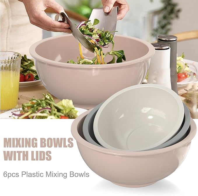 Umite Chef Nesting Mixing Bowls Set with Airtight Lids, 18 Piece Plastic, Includes Measuring Cups, Mixing Bowl Set Great for Mixing, Baking, Serving, Dishwasher (Khaki)
