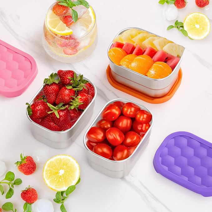 Leonyo 18/10 Stainless Steel Snack Containers for Kids, 8oz Food Container with Silicone Lid Easy Open Leak Proof, Metal Toddler Lunch Box for Daycare School, Healthy & Lightweight, Multi-color&3Pcs