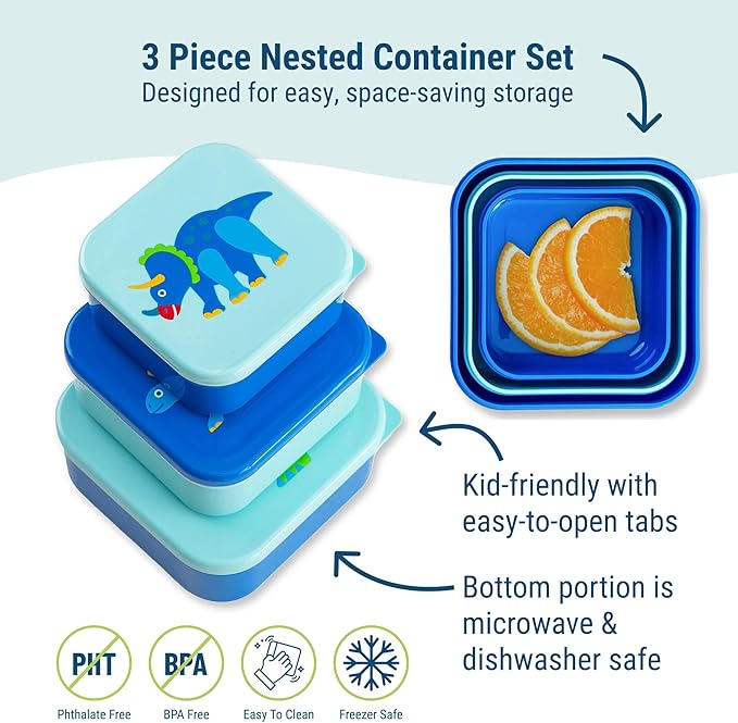 Wildkin Nesting Food Containers for Kids – Stackable, Airtight & Dishwasher Safe - Set of 3 - Dinosaur Land