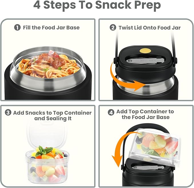 2-In-1 Soup Thermo for Hot Food Kids, 15 Oz Insulated Lunch Container and a Snack Box, Wide Mouth, Leak Proof, Stainless Steel Spoon, Dishwasher Safe Food Thermo Set for School, Work, Travel, Black