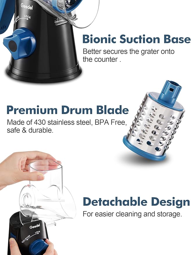 Geedel Rotary Cheese Grater, Kitchen Mandoline Vegetable Slicer with 3 Interchangeable Blades, Easy to Clean Rotary Grater Slicer for Fruit, Vegetables, Nuts, Black