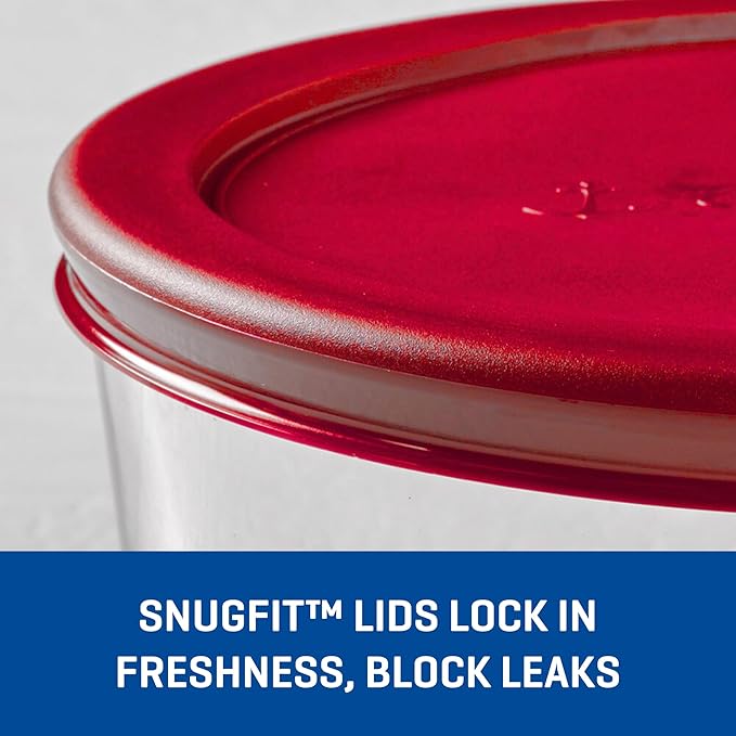 Anchor Hocking SnugFitTM Round Food Storage Containers with Lids (4-Piece, 7-cup, Red, oven-safe)