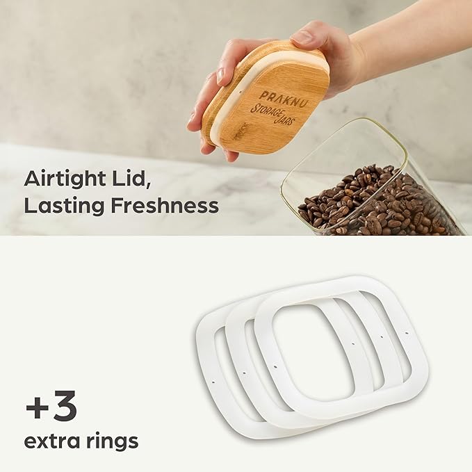 Kitchen Storage Jars 34oz - Set of 3 Bamboo Lid Storage Containers - Square Glass Food Storage Jars - Airtight Glass Pantry Storage
