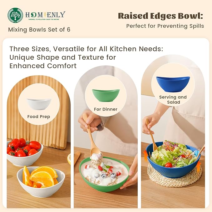 Homienly Wheat Straw Bowls Sets 6 Pieces, Wheat Straw Salad Bowls, Multi-Size Bowls for Kitchen, Camping, Mixing, Unbreakable Bowl Set for Salad, Snack,Cereal, Fruit, Microwave Safe (Island Theme)