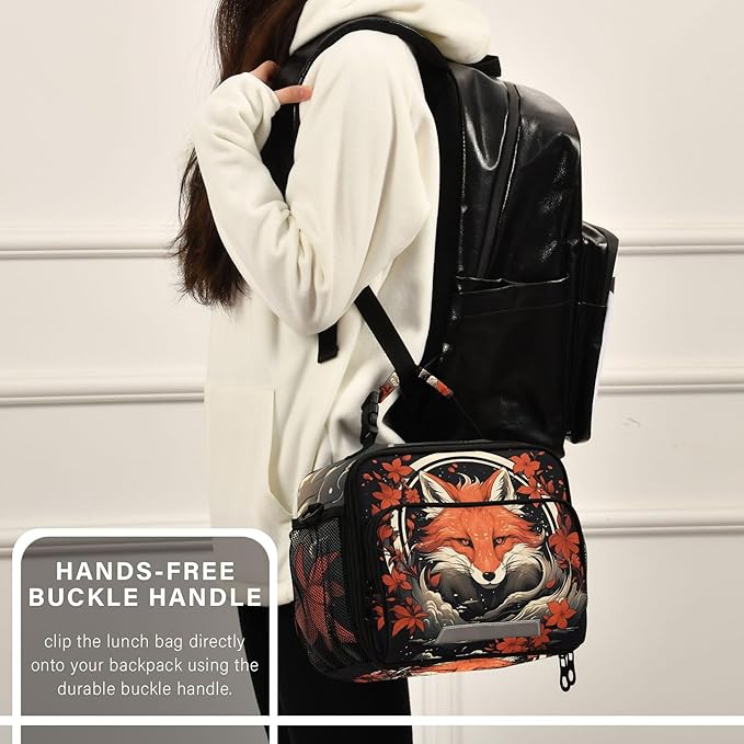 MNSRUU Student Lunch Bag Fox and Flowers Insulated DinnerTotes Picnic Bag Lunch Box with Adjustable Shoulder Strap for Teen Kids Adults