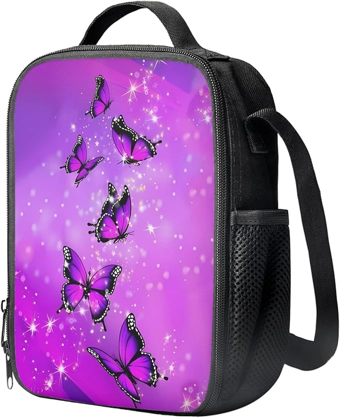 Dolyues 3 Piece Fashion Kids Backpack Set with Lunch Bag and Pencil Box, Purple Shiny Crystal Butterfly Print School Bookbag Outdoor Travel Bags Lightweight Daypack for Teen Girls