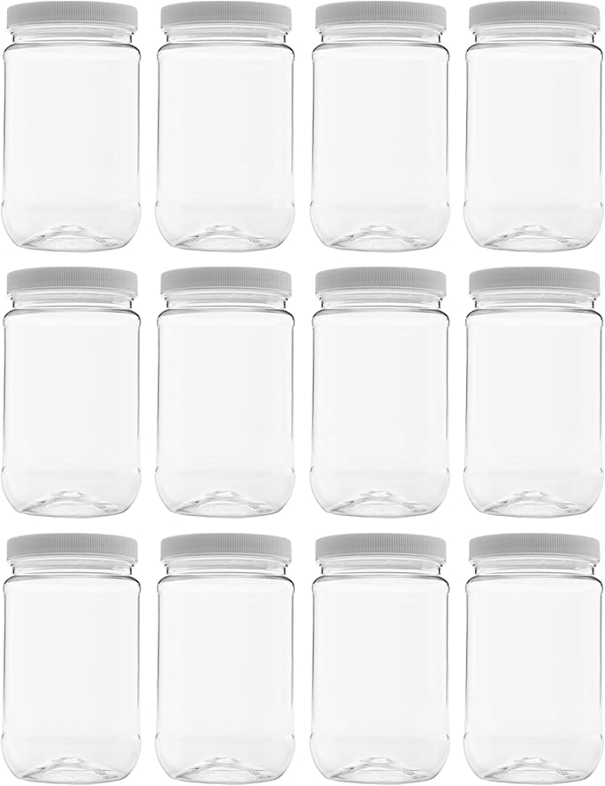 12 Pack of 16 Ounce Plastic Pint Jars with 70RG Leak Proof Seal Lid - Food Grade and BPA Free (16oz, 12pk)