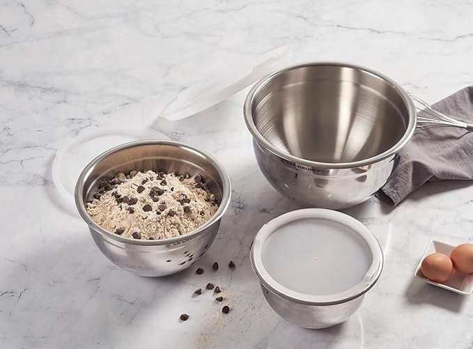 Le Creuset Set of 3 Nested Mixing Bowls w/Nonslip Silicone Base & Plastic Air Tight Lids, Large, Stainless Steel