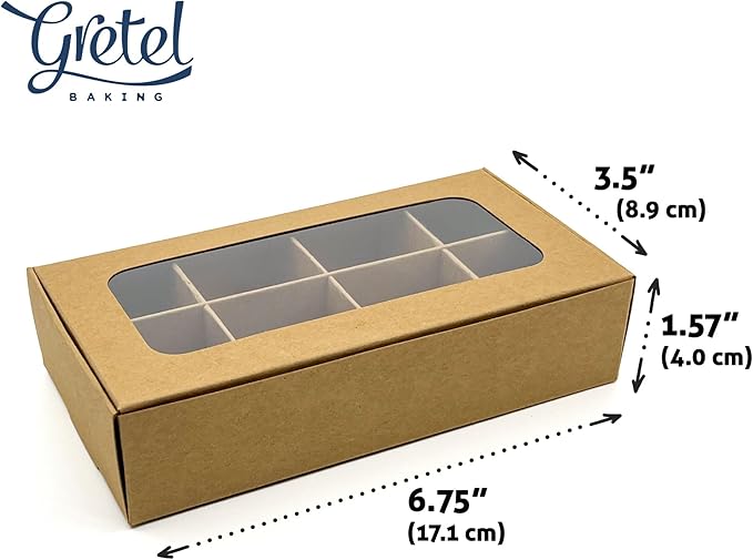 Treat boxes with window and dividers | 8 X-SMALL compartments | 6.75 x 3.5 x 1.57 in | Empty candy boxes for gift giving, truffle box - perfect for Valentine's Day | 10-pack (Kraft)