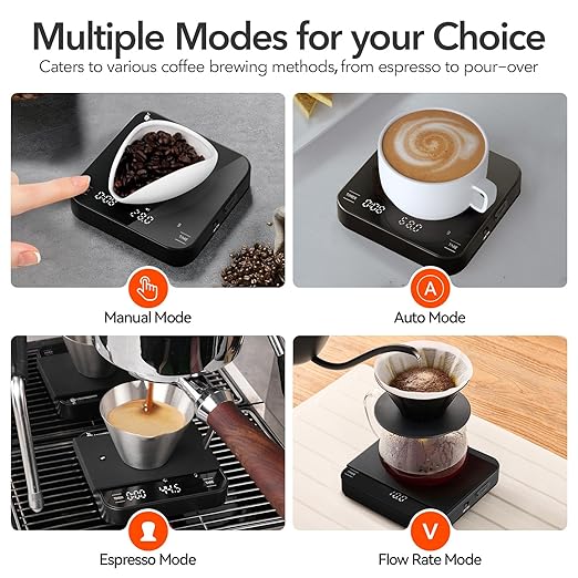 Rechargeable Mini Coffee Scale with Timer, 2kg/0.1g Precision Espresso Scale, Portable Digital Coffee Scale w/ 4 Modes for Espresso and Pour-Over Coffee (Black)