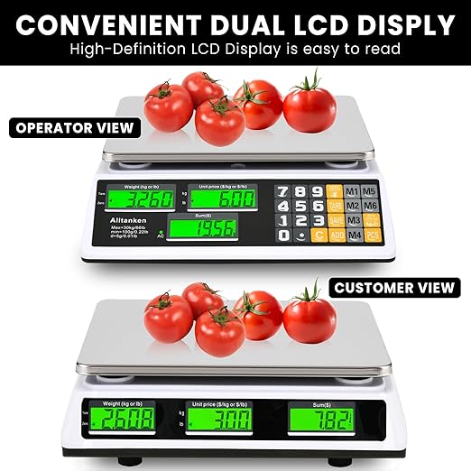 Price Computing Scale 66lb/30kg Commercial Food Scale with Price Calculator, Accurate Counting, Flat Reversed Platter, Dual LCD Display for Farmers' Markets Retail Deli Meat Shopsr Produce Weighing