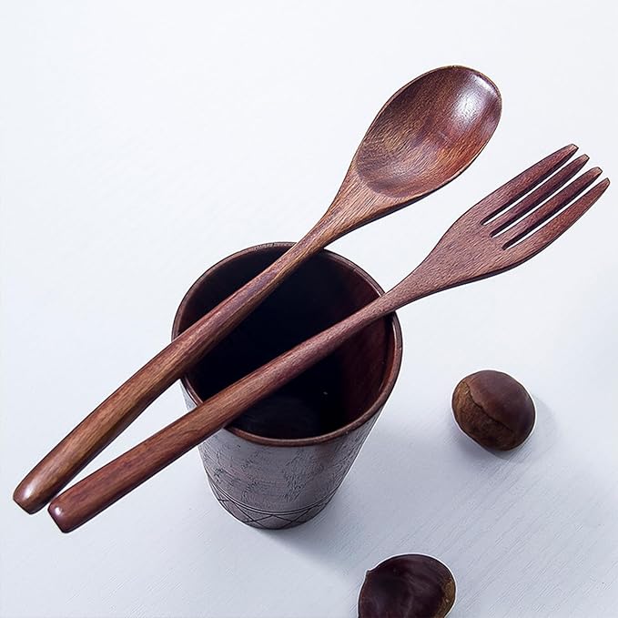 Reusable bamboo Utensils for Eating 8 Pcs Travel Wooden Spoons Forks Chopsticks Cutlery Set with Case Portable Lunch Utensils Silverware Set for Lunch Wood Flatware Set for Eating