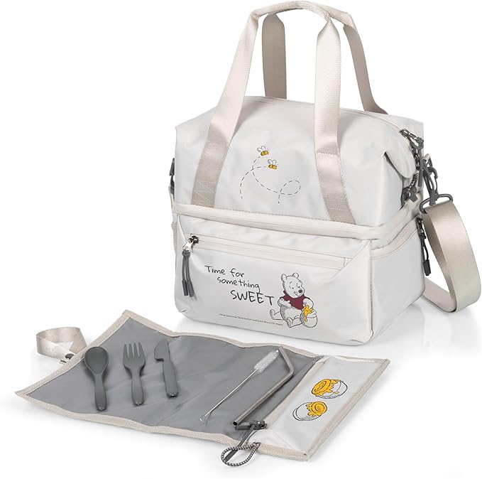 PICNIC TIME Disney Winnie The Pooh Tarana Insulated Lunch Bag Made from Recycled Material, Lunch Box with Picnic Set, Upcycled Lunch Cooler Bag, (Halo Gray)