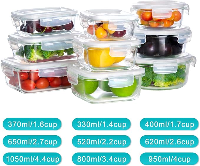 Bayco Glass Storage Containers with Lids, 9 Sets Glass Meal Prep Containers Airtight, Glass Food Storage Containers, Glass Containers for Food Storage with Lids - Leak Proof