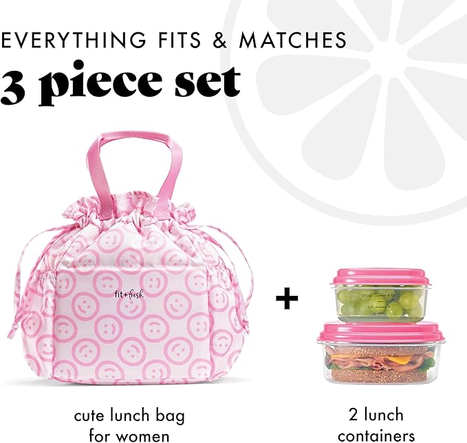 Fit & Fresh Lunch Bag For Women, Insulated Womens Lunch Bag For Work, Stain-Resistant Large Lunch Box For Women With Containers, Cinch Closure Cromwell Bag Cotton Candy