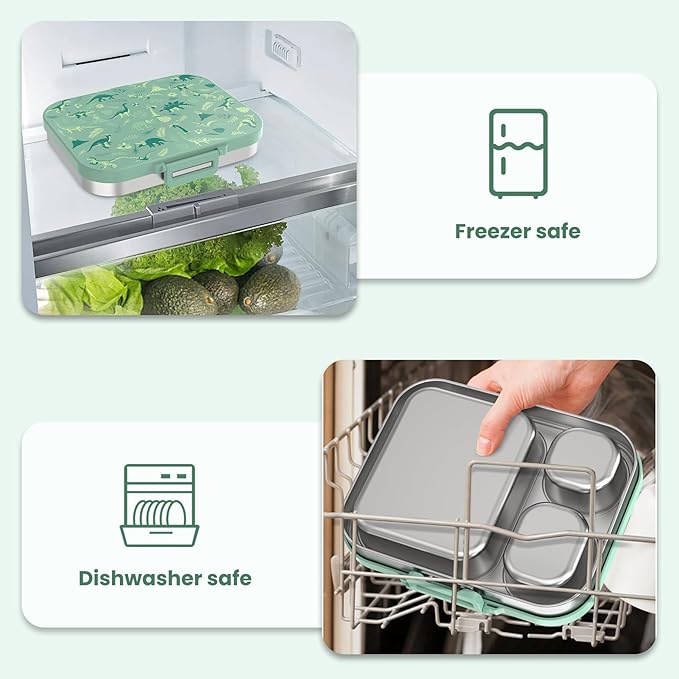 Kids Stainless Steel Lunch Box, Leak-Proof with free sealing Bento Box 3 Compartments Green Boy