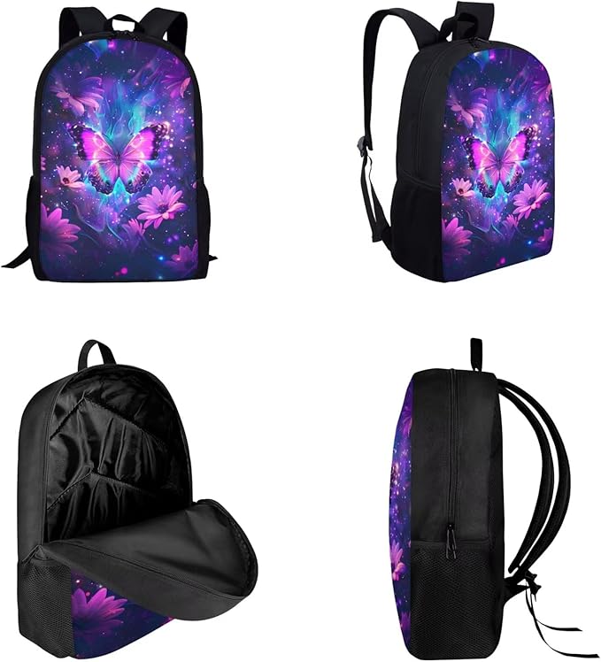 Dolyues Purple Flower Butterfly 3-Piece Kids Backpack Set: Casual Daypack with Lunch Bag and Pencil Case - 17” School Bag for Boys & Girls - Perfect for Preschool and Cool Adventures