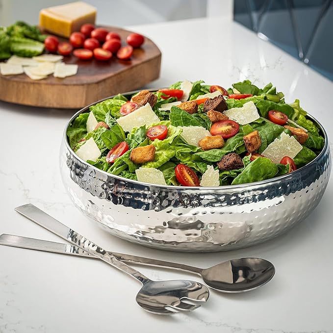 Salad Bowl and Serving Utensils - Hammered Detailing - Stainless Steel Mixing Bowls with Lids- Luxurious Serving Bowls (12" Silver Hammered Salad Bowl)