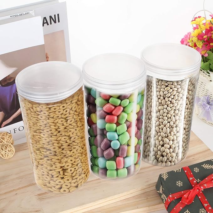 6 Pack 46oz/1360ml Large Plastic Jars with Lid, Wide Mouth Empty Clear PET Storage Containers with Lid, Tall Plastic Candy Cylinder Storage Jars for Dry Food, Peanut, Powder, Kitchen, Snacks
