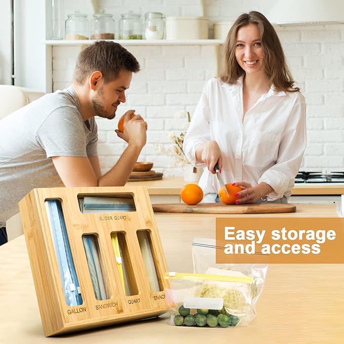 Plastic Bag Organizer for Drawer, Bamboo Food Storage Bags Container Organizer with Slider, Baggie Bags Storage for Drawer Compatible with Gallon, Sandwich Variety Size Bags