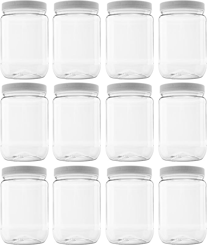 12 Pack of 32 Ounce Plastic Quart Jars with 89RM Leak Proof Seal Lid - Food Grade and BPA Free (32oz, 12pk)