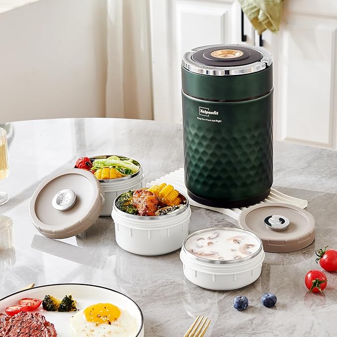 67 ozAdults Stainless Steel Vacuum Insulated Wide Mouth Soup Food Thermos Hot Food Jar with Keep Thermal Portable 3 Tier Stackable Bento Hot Food Containers Lunch Boxes (Green)