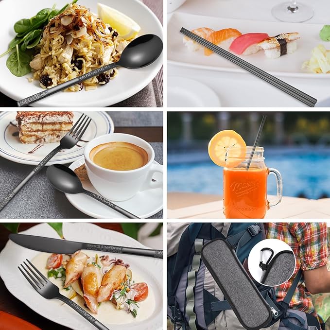 MURRI&MURRDI 8 Pieces Portable Reusable Cutlery Set,Travel Utensils Set with Case, Stainless Steel Flatware Set Including Knife Fork Spoon Chopsticks Straws Brush,Dishwasher Safe (C Black)