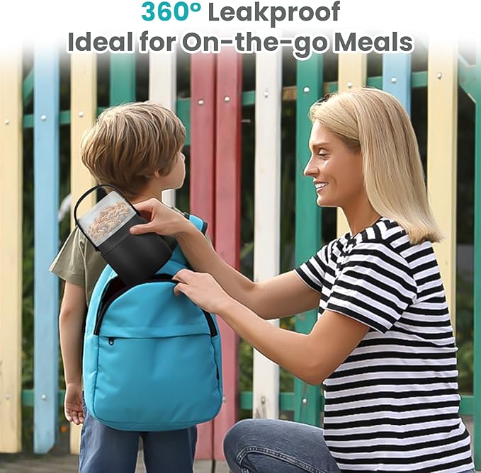 2-In-1 Soup Thermo for Hot Food Kids, 15 Oz Insulated Lunch Container and a Snack Box, Wide Mouth, Leak Proof, Stainless Steel Spoon, Dishwasher Safe Food Thermo Set for School, Work, Travel, Black