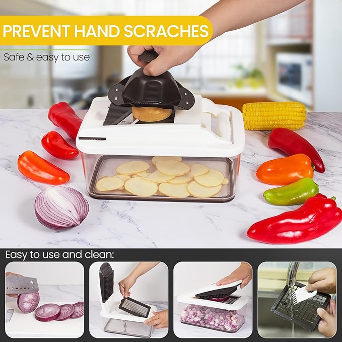 Vegetable Chopper, Extra Large Chopper Vegetable Cutter, Multifunctional 10-in-1 Pro Food Chopper - 6 Blades, 4 Vegetable Spiralizers, E-Recipes - Veggie Chopper with Container