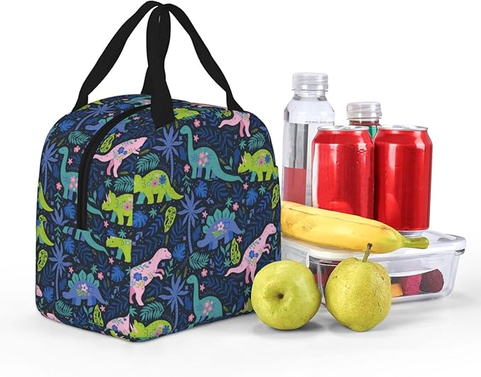 Dinosaur Lunch Box Cartoon Cute Animals Insulated Lunch Bag for Women Men Reusable Cooler Navy Dinosaur Flowers Lunch Tote Bag with Front Pocket for Hiking Picnic Travel Office, wjoy-box-8