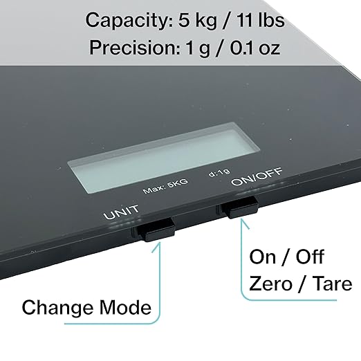 Glass Platform Digital Kitchen Scale - 11lbs / 5kg Capacity - LCD Display g kg oz lb fl.oz ml - CR2032 Battery Included - White