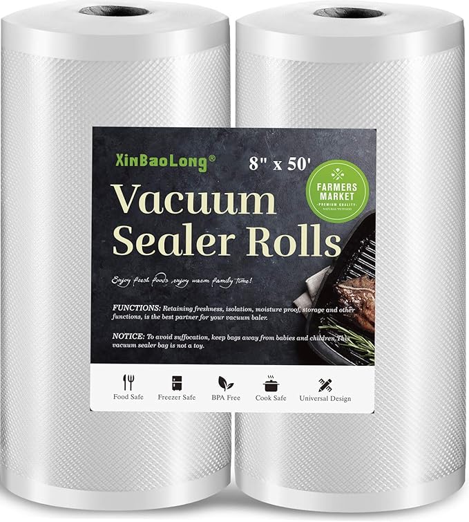 Vacuum Sealer Bags for Food,Seal a Meal Bags Rolls,8inx50 Rolls 2 Pack,XinBaoLong,Commercial Grade, Heavy Duty, BPA Free,Great for Vac Storage.Total 100 Feet!!!