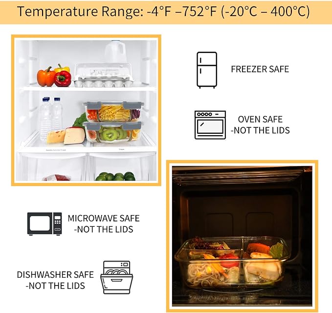 Bayco 8 Pack Glass Meal Prep Containers 3 Compartment, Glass Food Storage Containers with Lids, Airtight Lunch Bento Boxes, Leak Proof (8 lids & 8 Container) - Grey